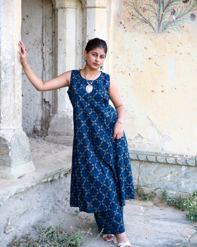 Navy Blue Cotton Printed Kurta Pant Set For Women
