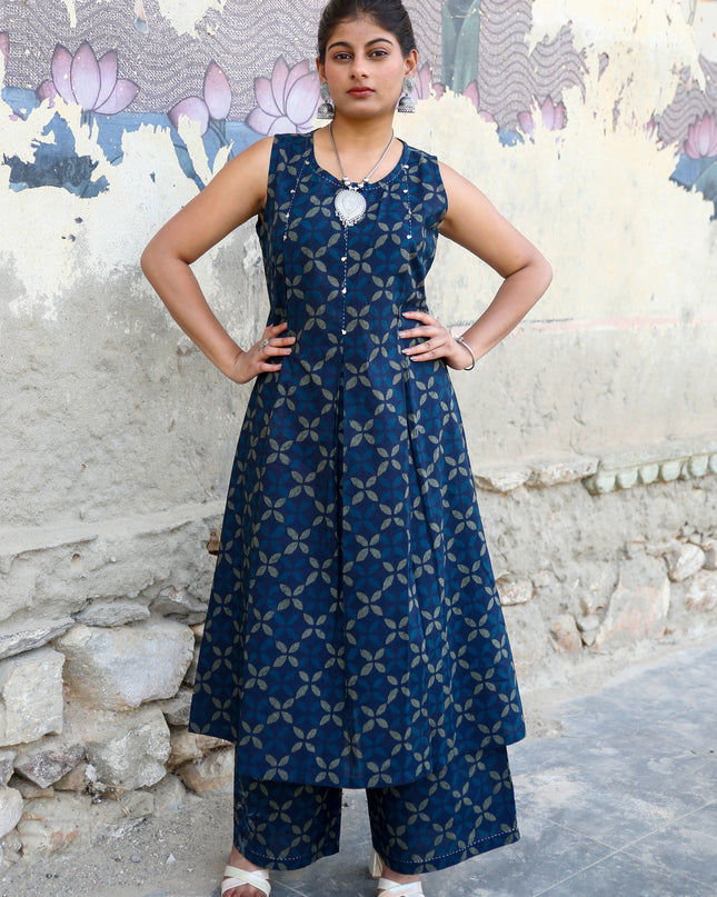 Navy Blue Cotton Printed Kurta Pant Set For Women