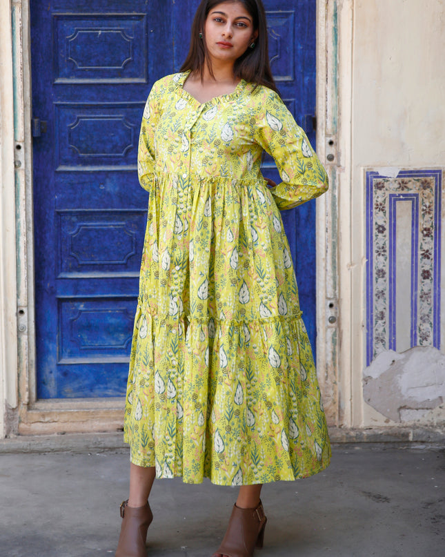 Lime Green Cotton Dress For Women