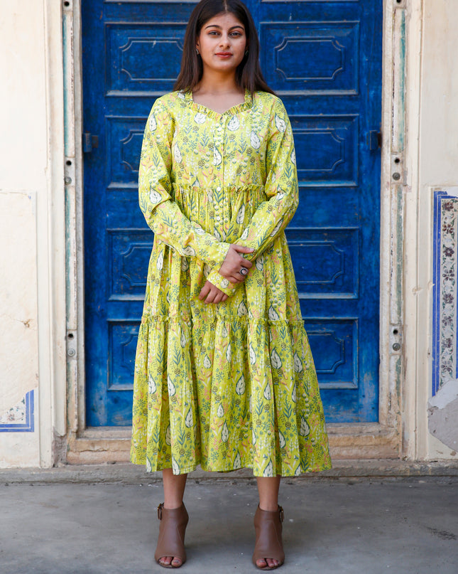 Lime Green Cotton Dress For Women