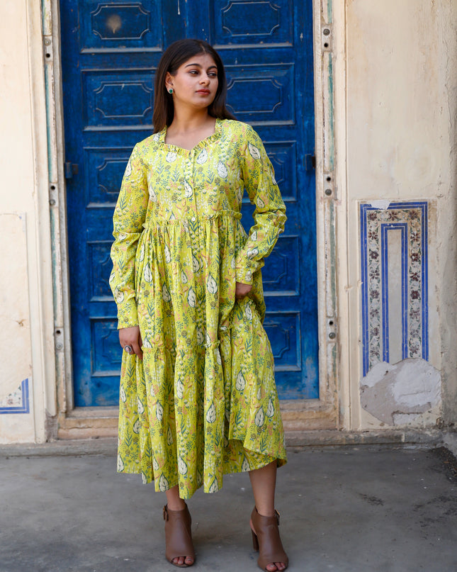 Lime Green Cotton Dress For Women