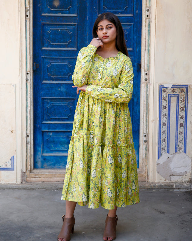 Lime Green Cotton Dress For Women