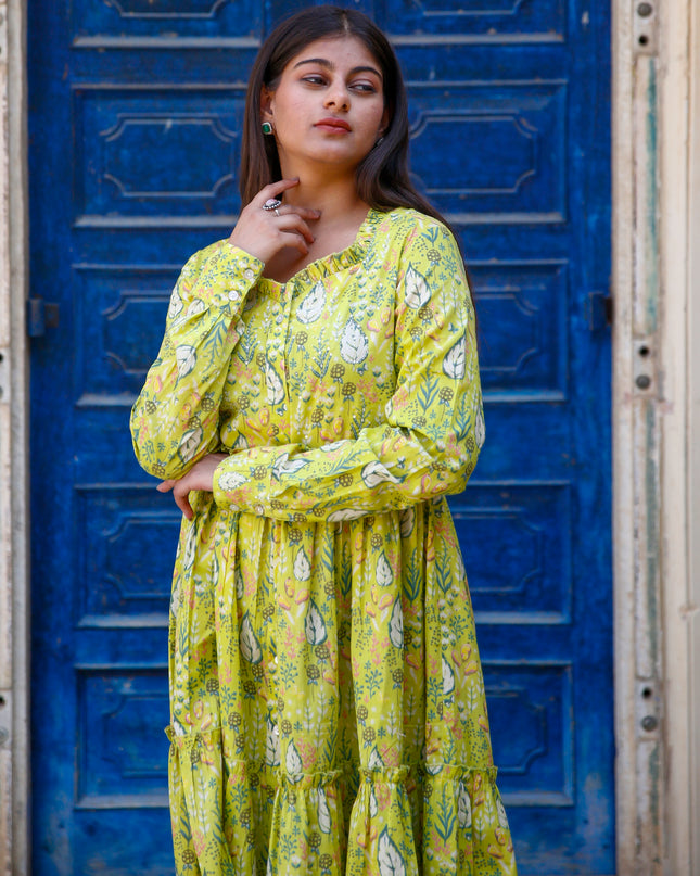 Lime Green Cotton Dress For Women