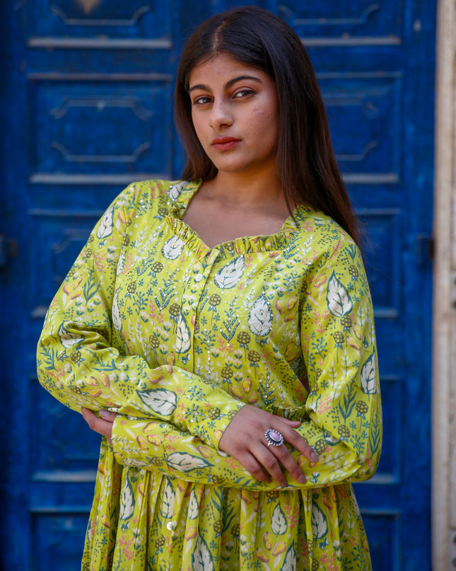 Lime Green Cotton Dress For Women