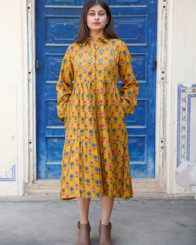 Mustard Yellow Cotton  Printed Dress  For Women