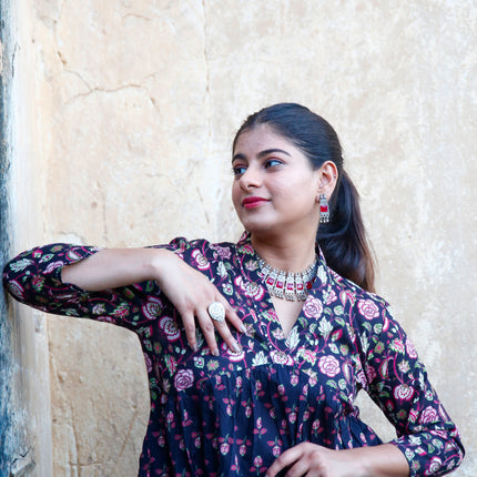 Black Cotton Floral Print Dress  For Women