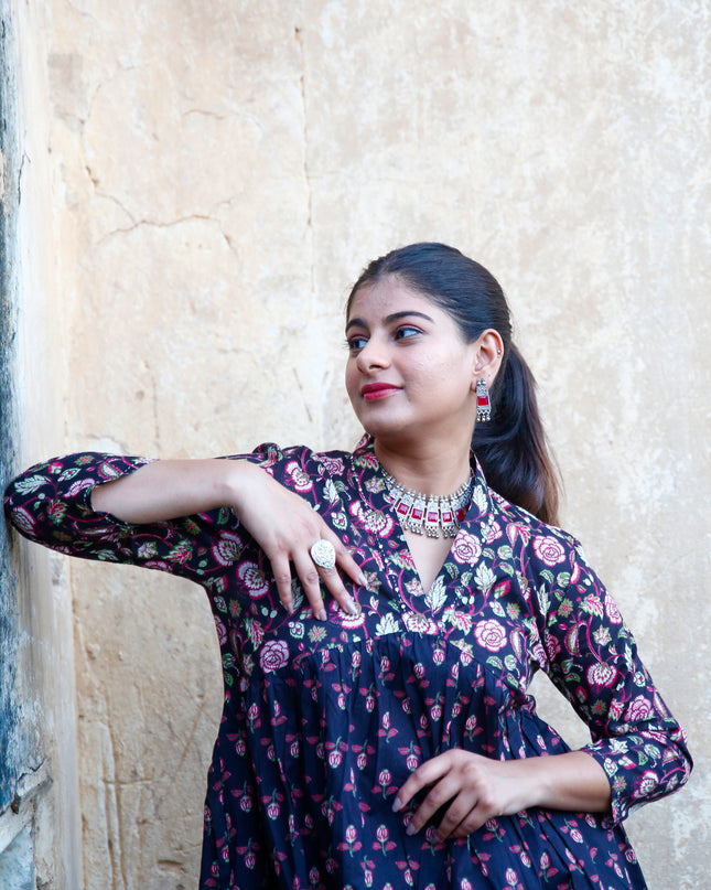 Black Cotton Floral Print Dress  For Women