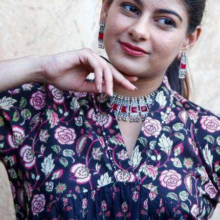 Black Cotton Floral Print Dress  For Women
