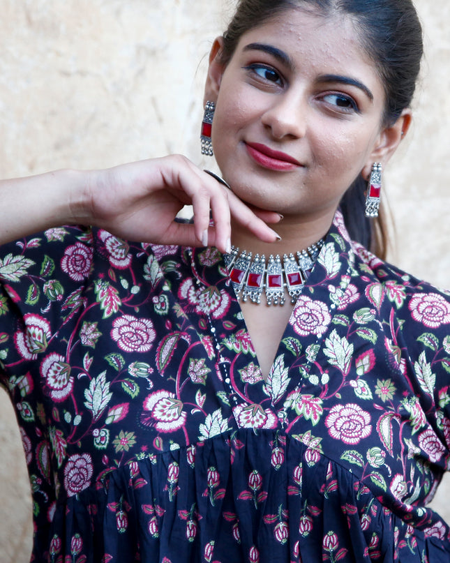 Black Cotton Floral Print Dress  For Women