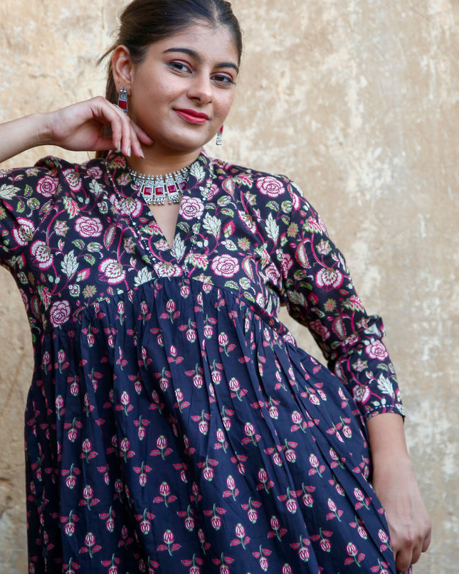 Black Cotton Floral Print Dress  For Women