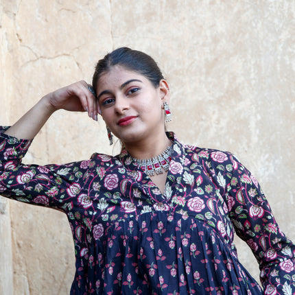 Black Cotton Floral Print Dress  For Women