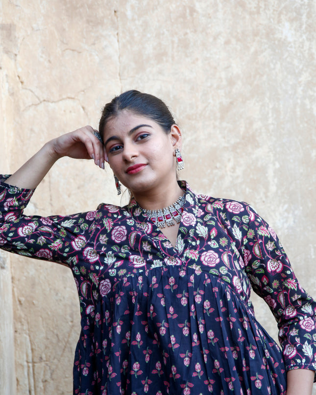 Black Cotton Floral Print Dress  For Women