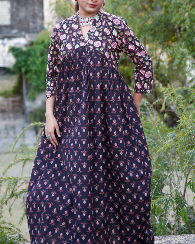 Black Cotton Floral Print Dress  For Women