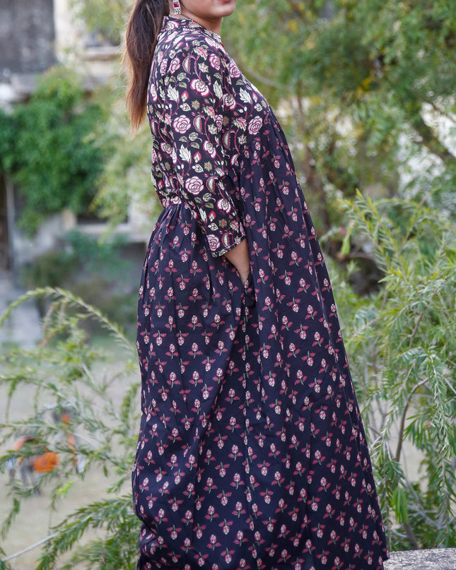 Black Cotton Floral Print Dress  For Women
