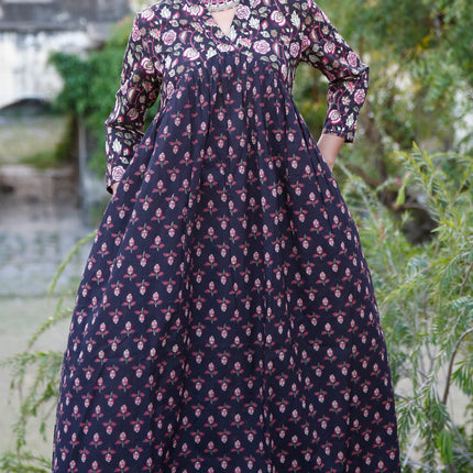 Black Cotton Floral Print Dress  For Women