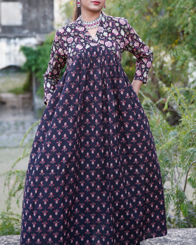 Black Cotton Floral Print Dress  For Women