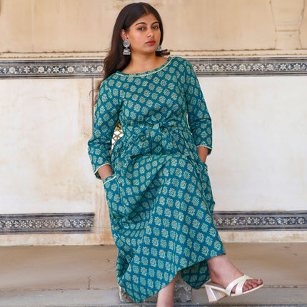 Pine Green Cotton Dress  For Women