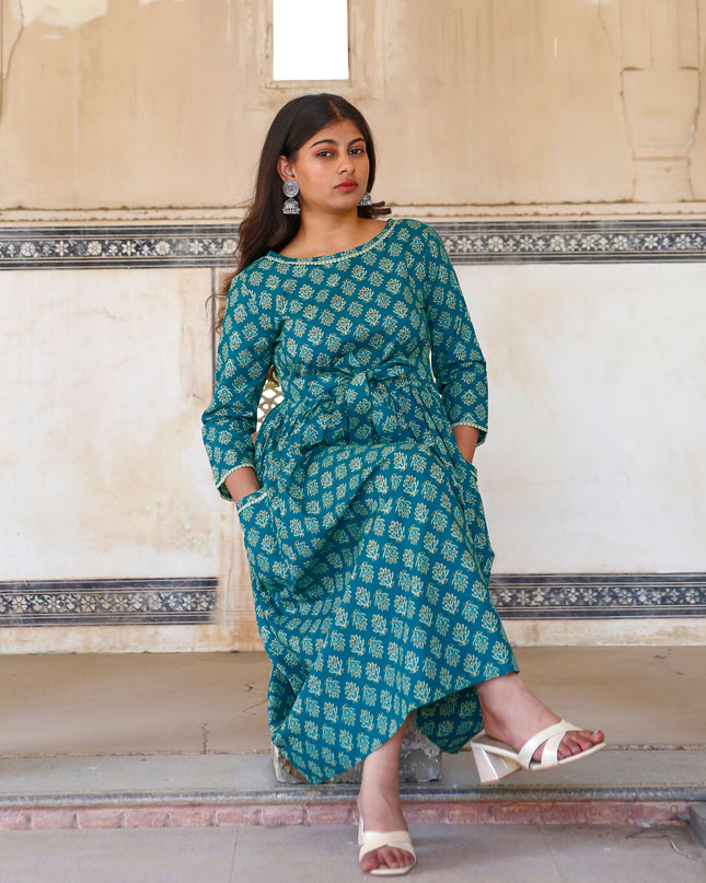 Pine Green Cotton Dress  For Women