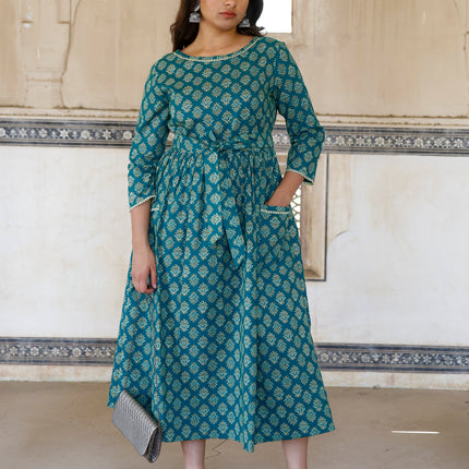 Pine Green Cotton Dress  For Women