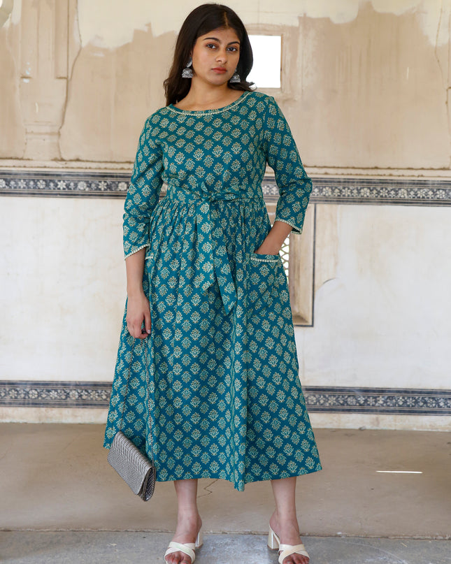 Pine Green Cotton Dress  For Women