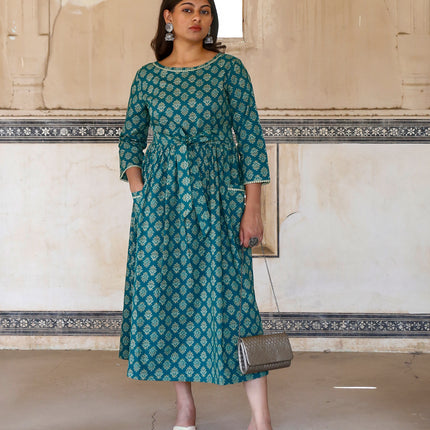 Pine Green Cotton Dress  For Women