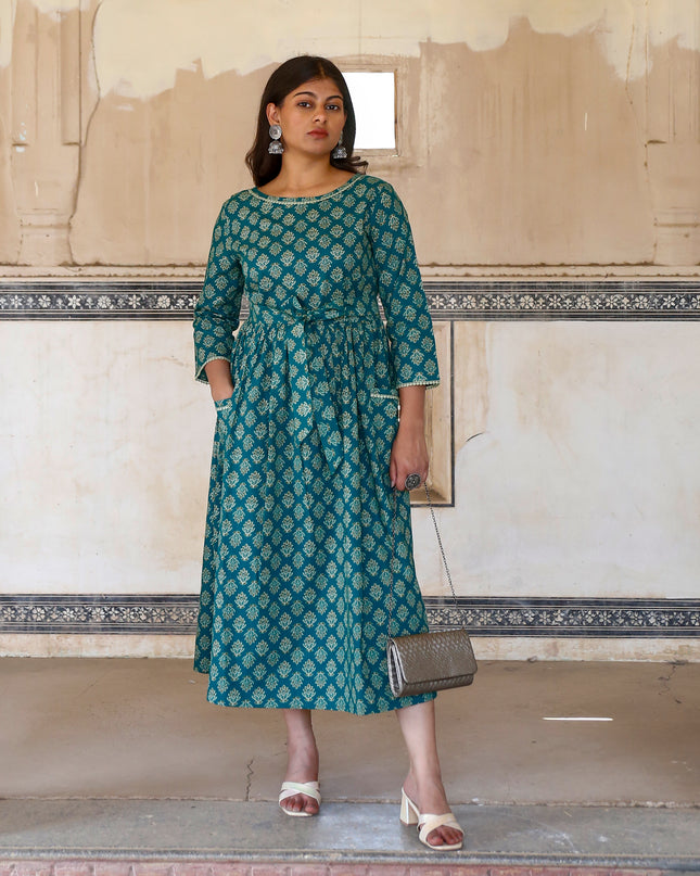 Pine Green Cotton Dress  For Women