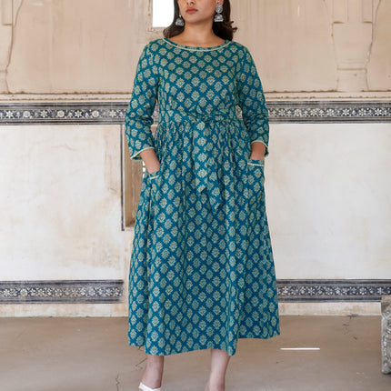 Pine Green Cotton Dress  For Women