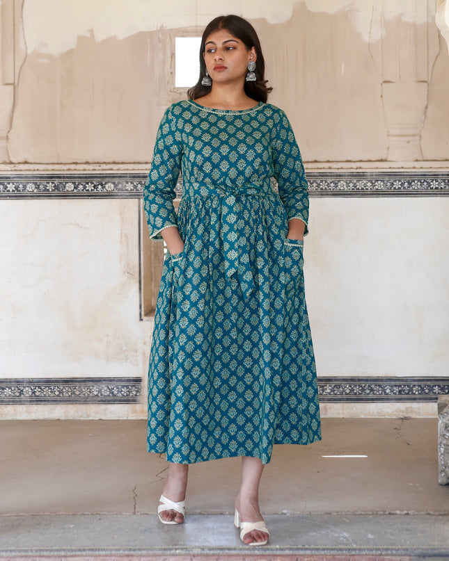 Pine Green Cotton Dress  For Women