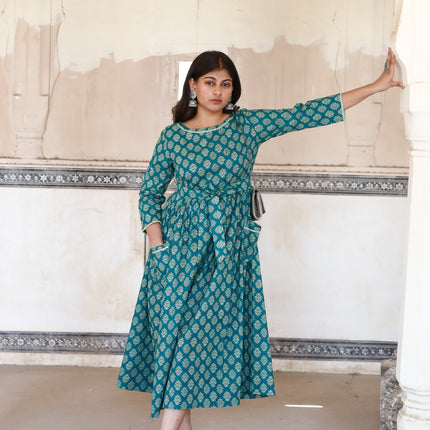 Pine Green Cotton Dress  For Women