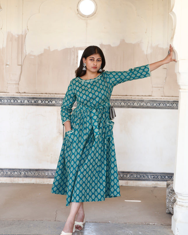 Pine Green Cotton Dress  For Women