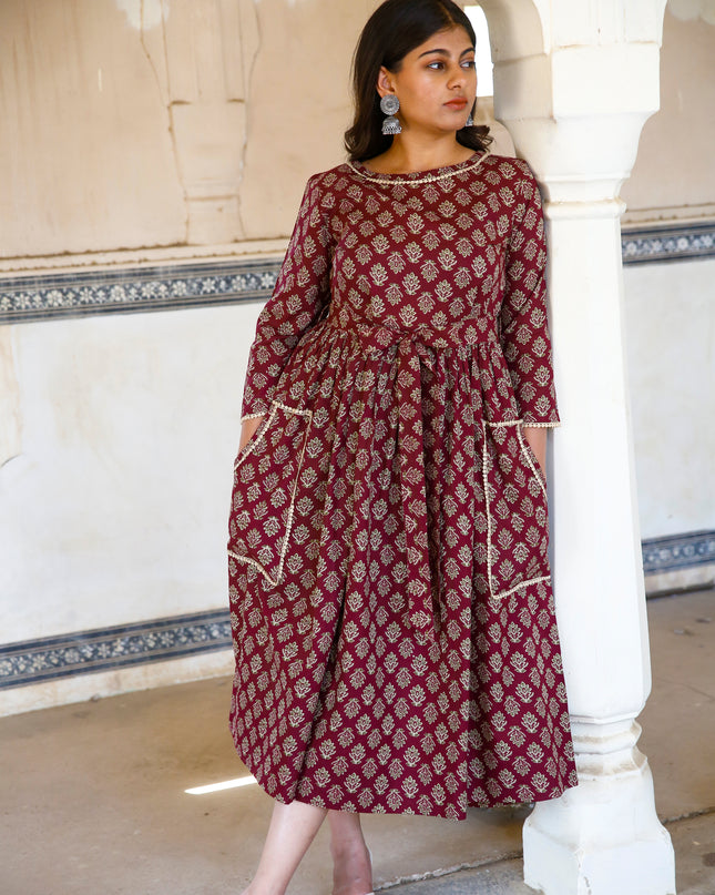 Maroon Cotton Dress  For Women