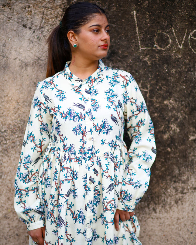 Lemon Yellow Cotton-crap Dress  For Women