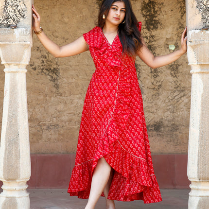 Red Printed Cotton Ruffle Wrap Dress for Women