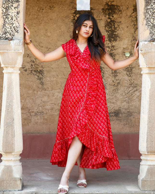 Red Printed Cotton Ruffle Wrap Dress for Women