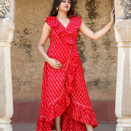 Red Printed Cotton Ruffle Wrap Dress for Women