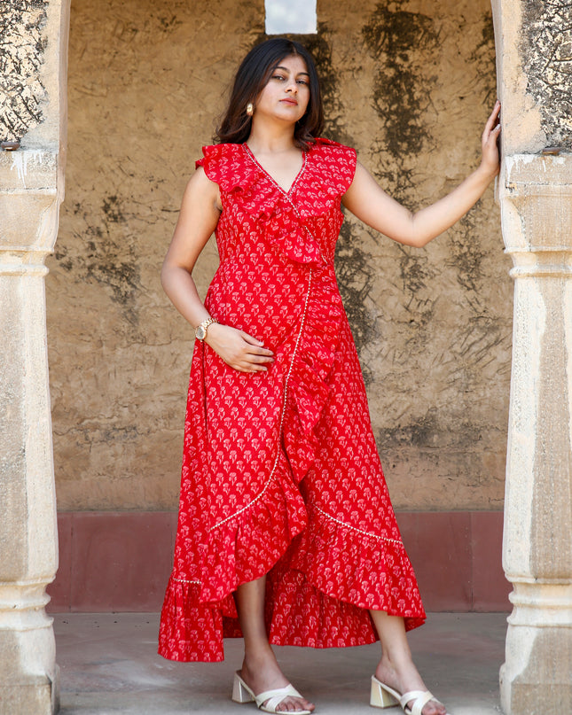 Red Printed Cotton Ruffle Wrap Dress for Women