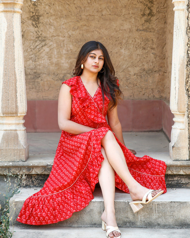 Red Printed Cotton Ruffle Wrap Dress for Women