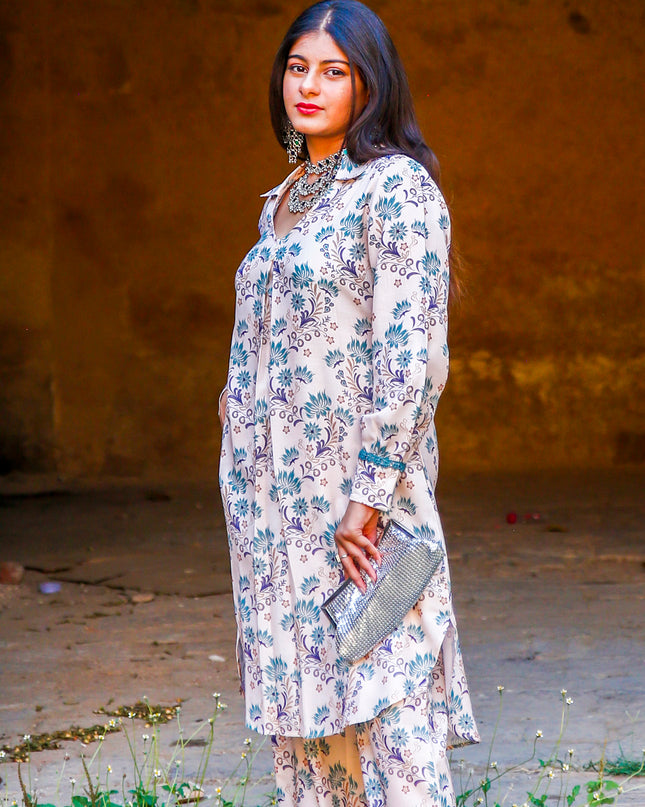 Cream Printed Cambric Kurta Pant Set For Women