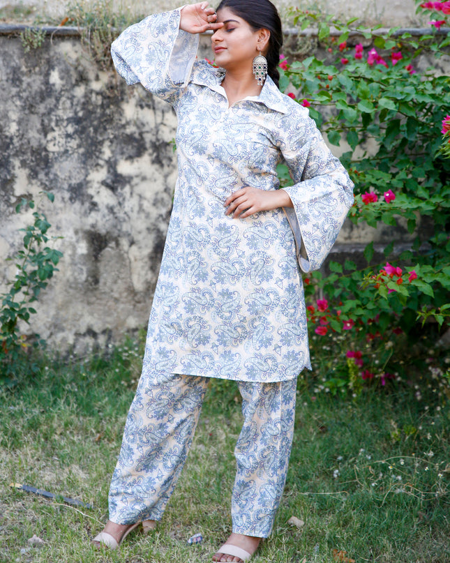 Beige Maslin Kurta Pant Set For Women