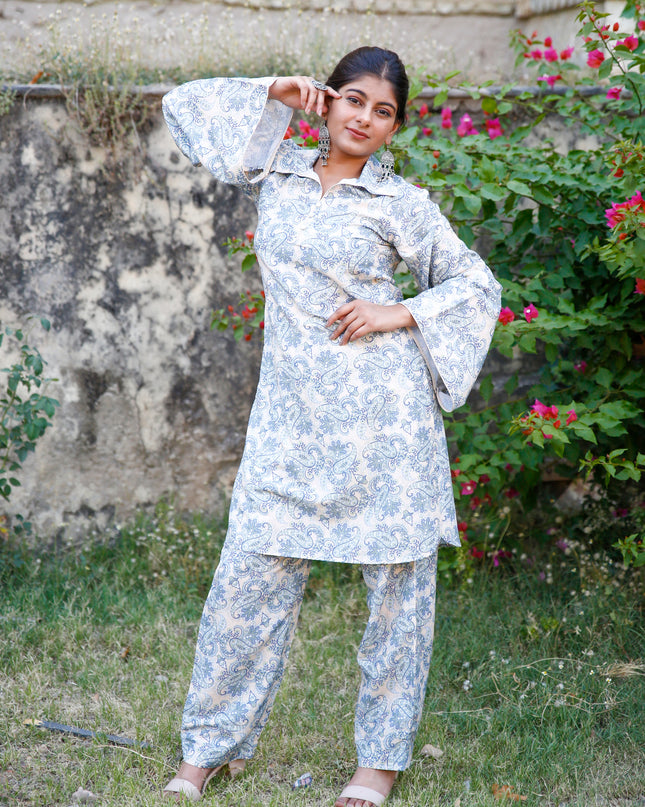 Beige Maslin Kurta Pant Set For Women