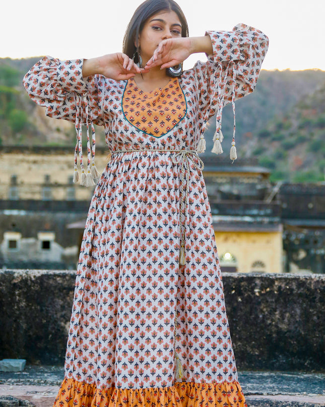 Cream and Orange Maslin Dress  For Women