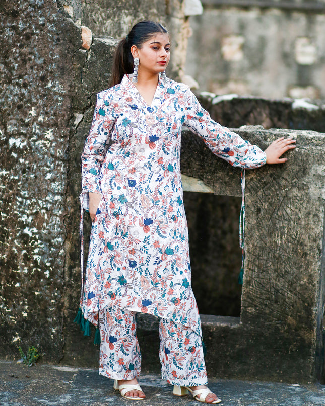 Multicolour Cambric Kurta Pant Set For Women