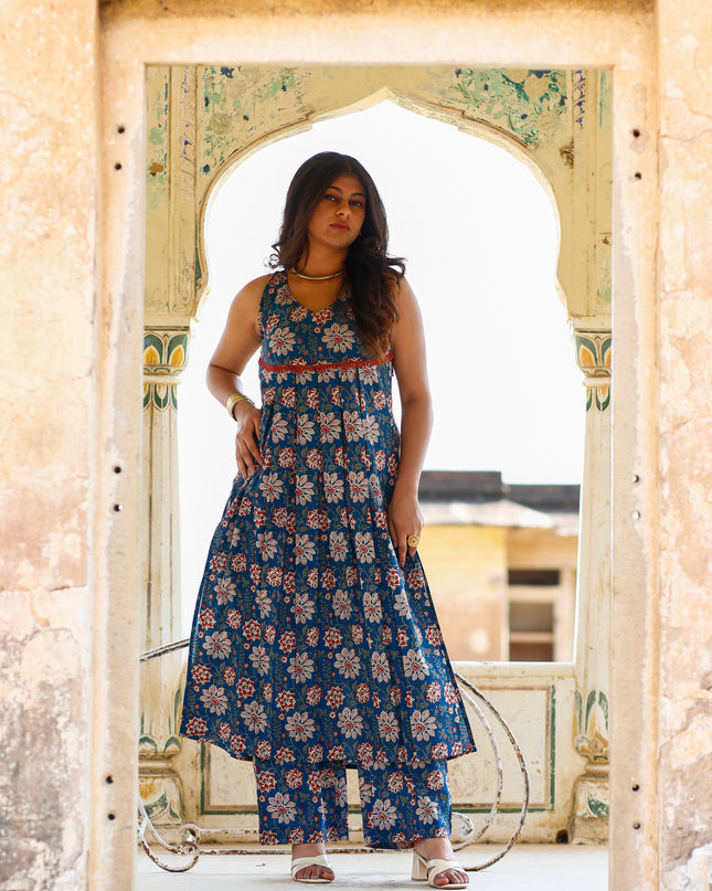 Teal Blue Cotton Kurta Pant Set For Women