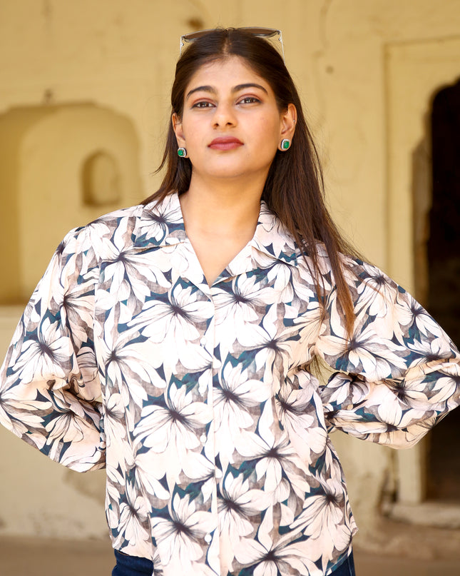 Beige Floral Maslin Printed Women Shirt